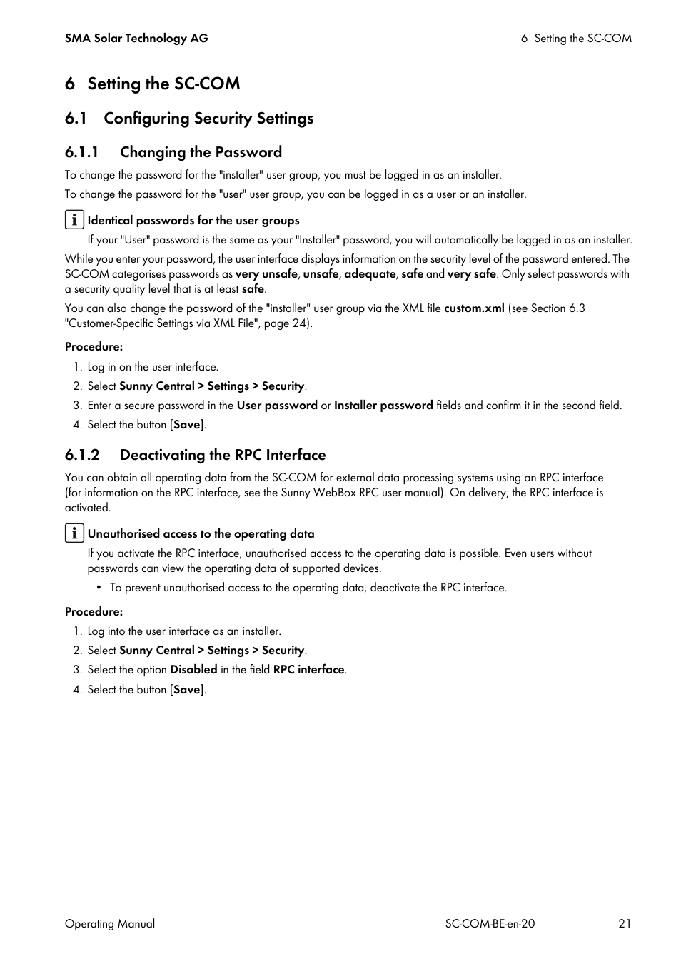 6 setting the sc-com, 1 configuring security settings, 1 changing the password | 2 deactivating the rpc interface | SMA SC-COM User Manual | Page 21 / 48