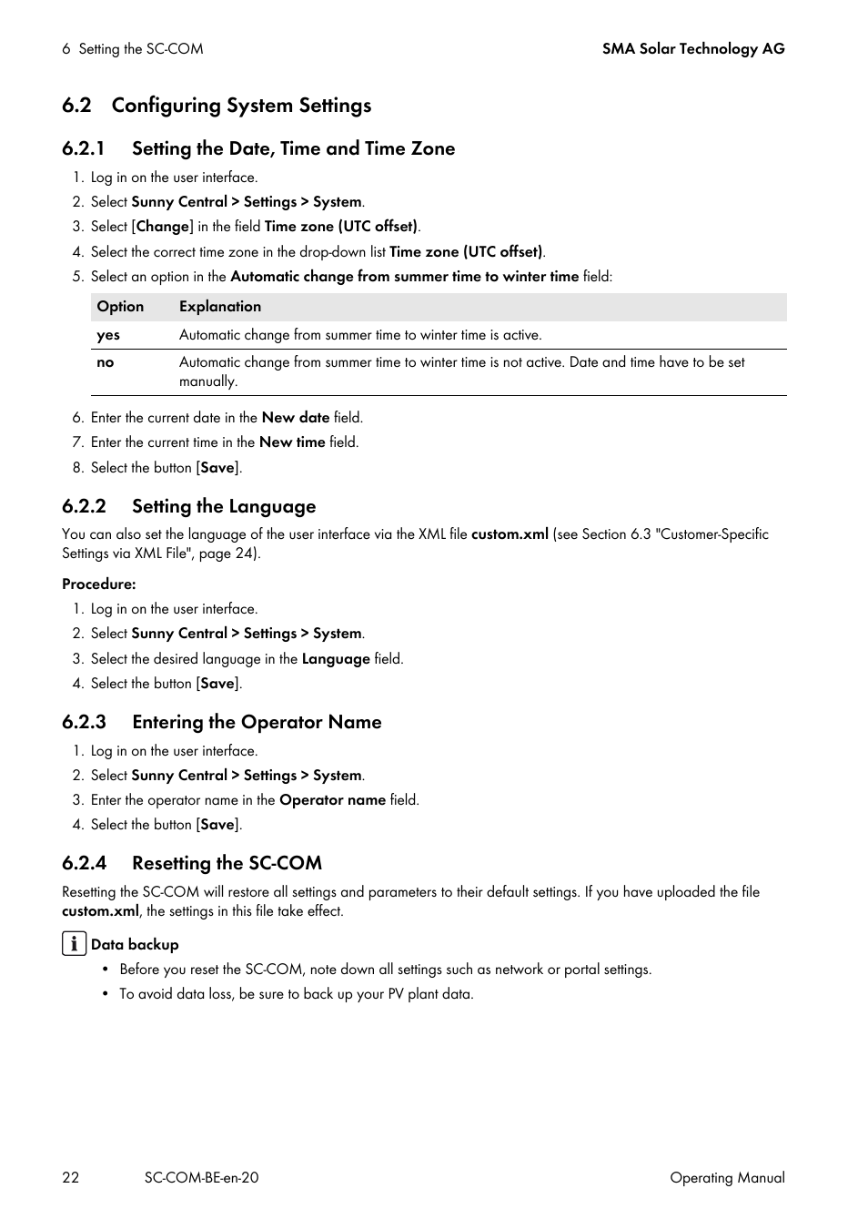 2 configuring system settings, 1 setting the date, time and time zone, 2 setting the language | 3 entering the operator name, 4 resetting the sc-com | SMA SC-COM User Manual | Page 22 / 48