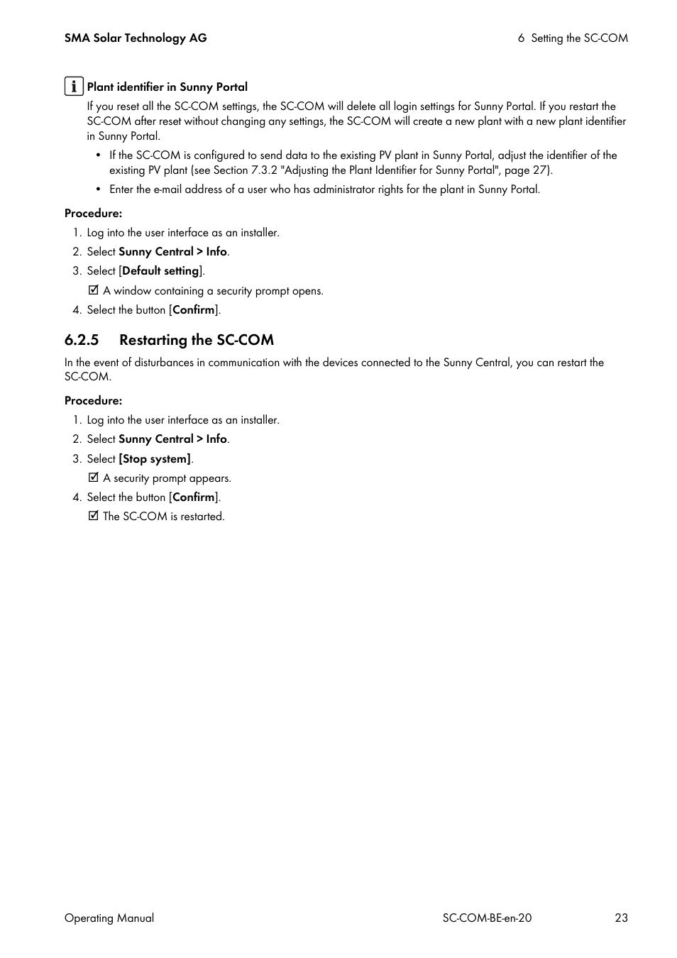 5 restarting the sc-com | SMA SC-COM User Manual | Page 23 / 48