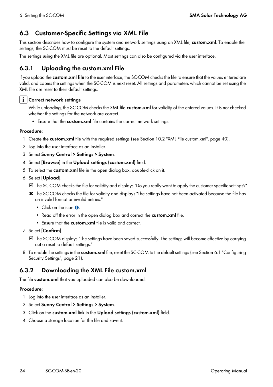 3 customer-specific settings via xml file, 1 uploading the custom.xml file, 2 downloading the xml file custom.xml | SMA SC-COM User Manual | Page 24 / 48