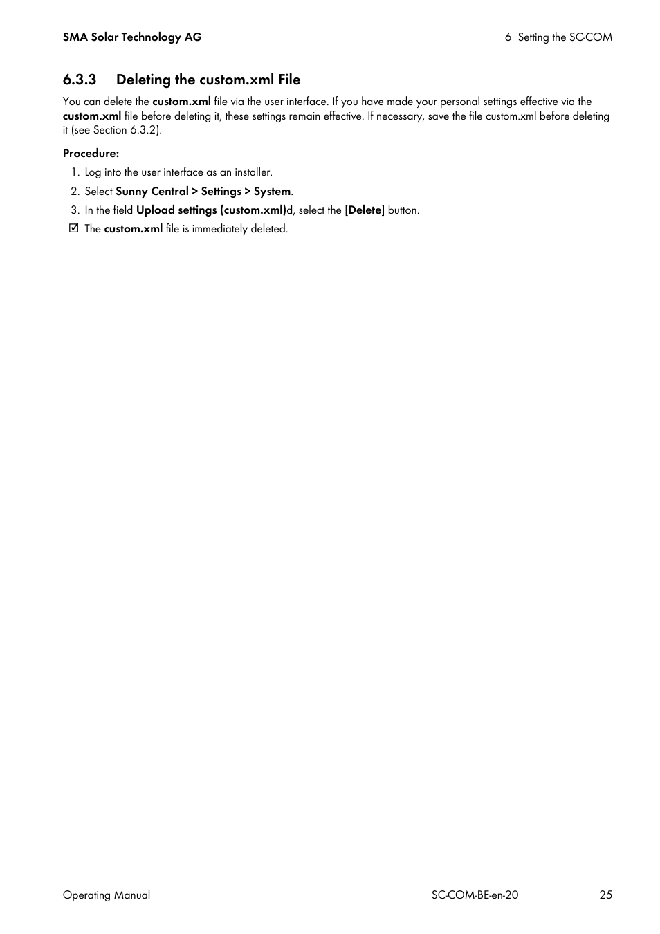3 deleting the custom.xml file | SMA SC-COM User Manual | Page 25 / 48
