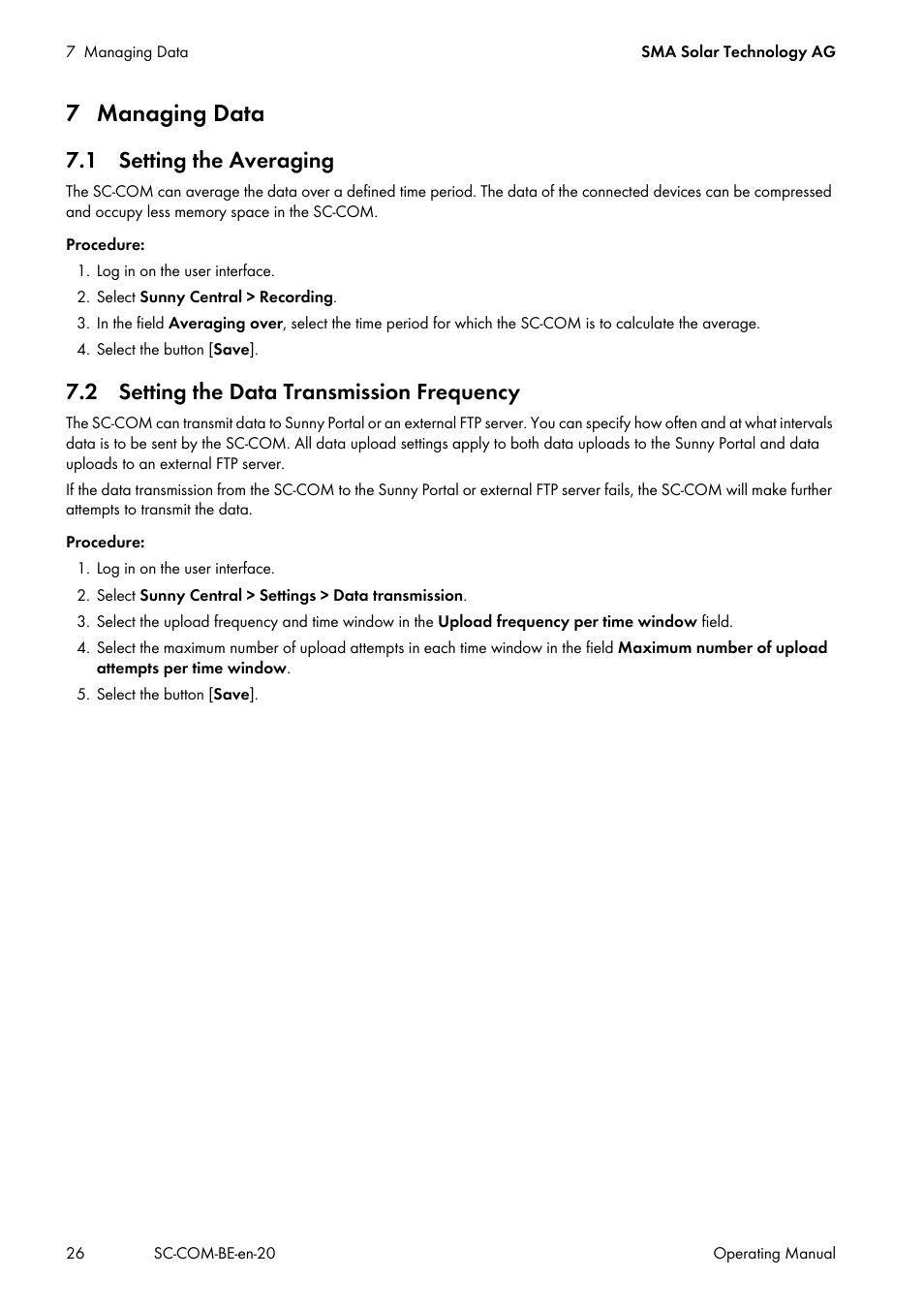 7 managing data, 1 setting the averaging, 2 setting the data transmission frequency | SMA SC-COM User Manual | Page 26 / 48