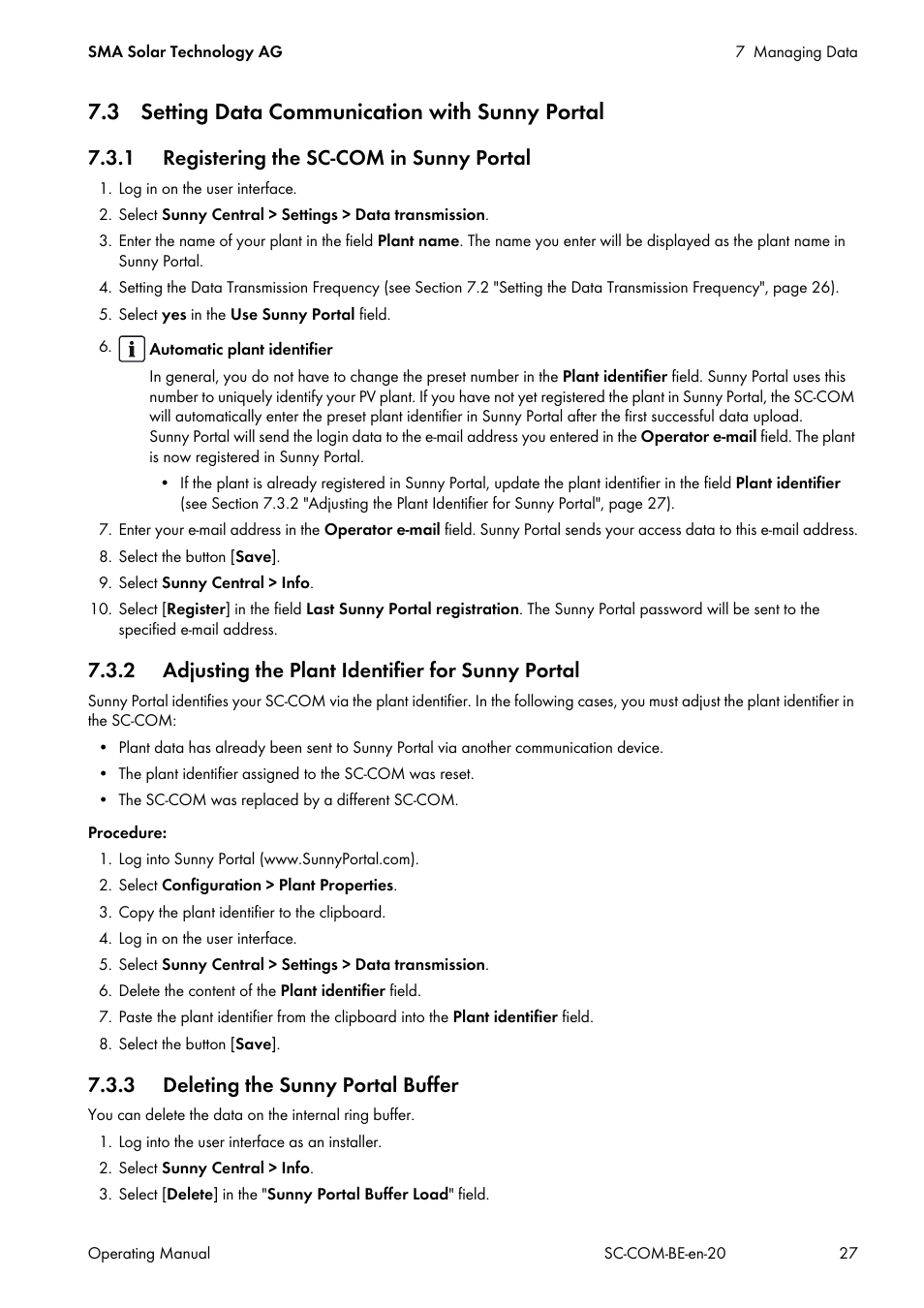 3 setting data communication with sunny portal, 1 registering the sc-com in sunny portal, 2 adjusting the plant identifier for sunny portal | 3 deleting the sunny portal buffer | SMA SC-COM User Manual | Page 27 / 48