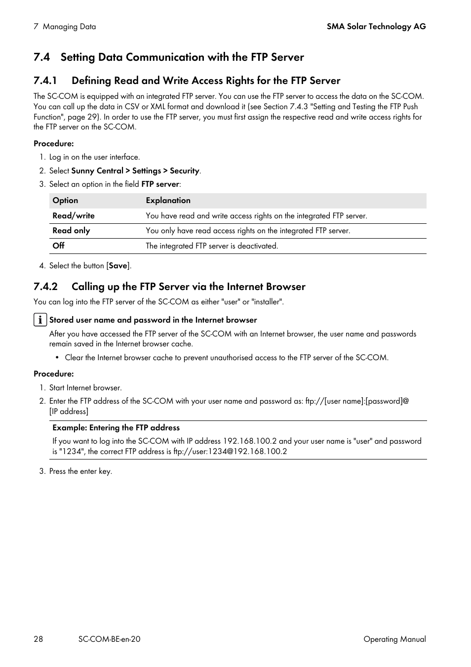 4 setting data communication with the ftp server | SMA SC-COM User Manual | Page 28 / 48