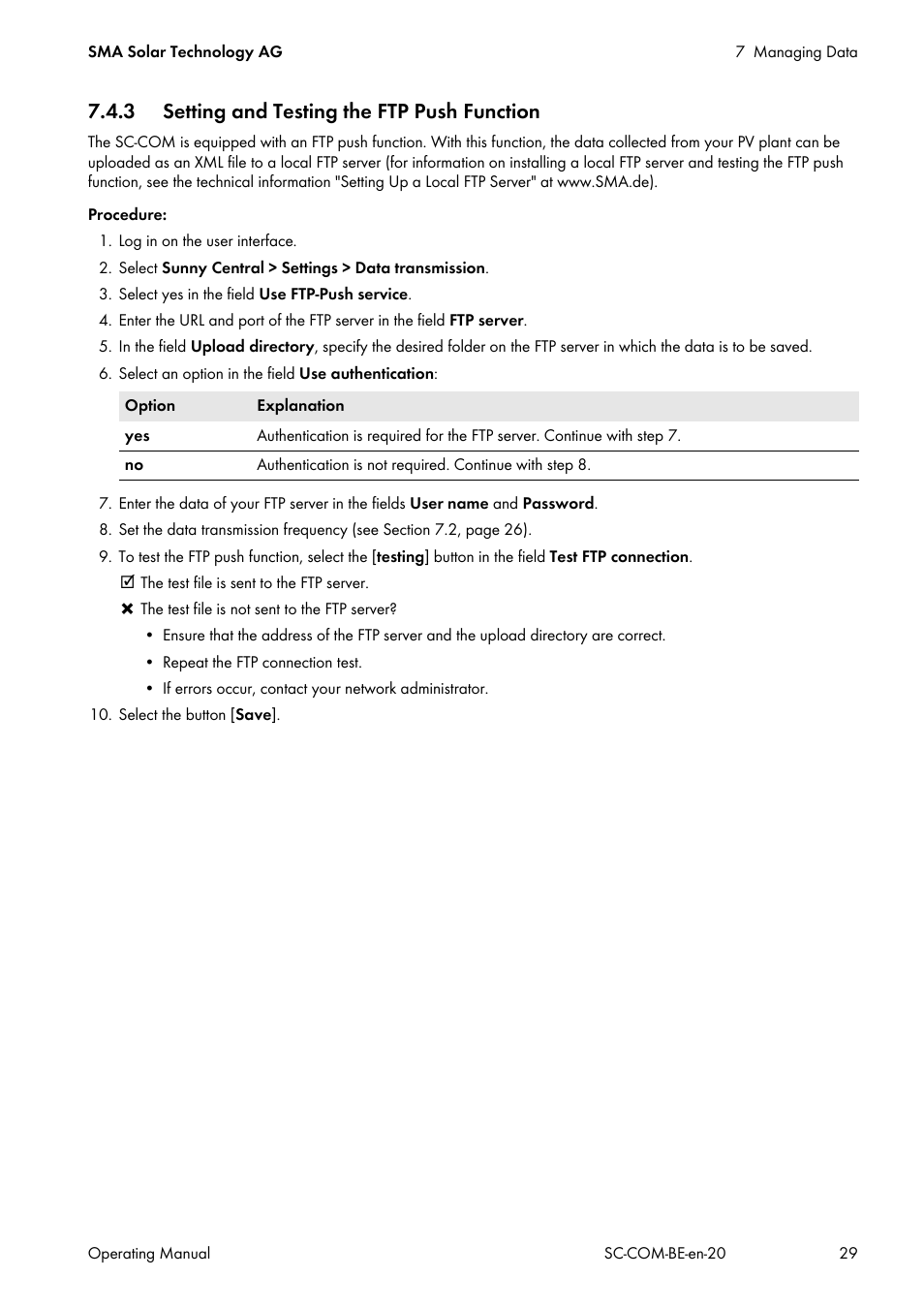 3 setting and testing the ftp push function | SMA SC-COM User Manual | Page 29 / 48