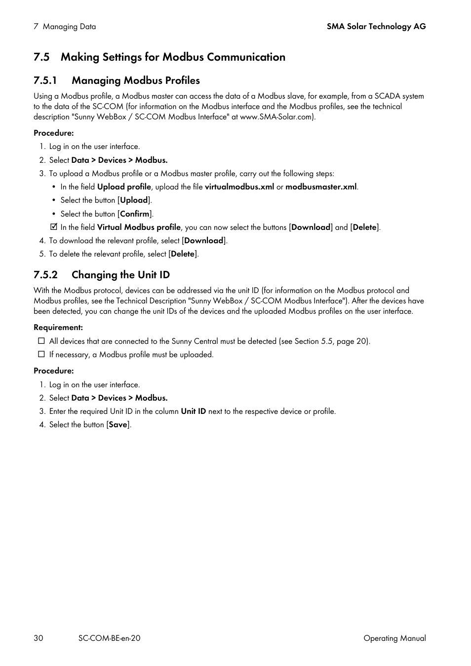 5 making settings for modbus communication, 1 managing modbus profiles, 2 changing the unit id | SMA SC-COM User Manual | Page 30 / 48