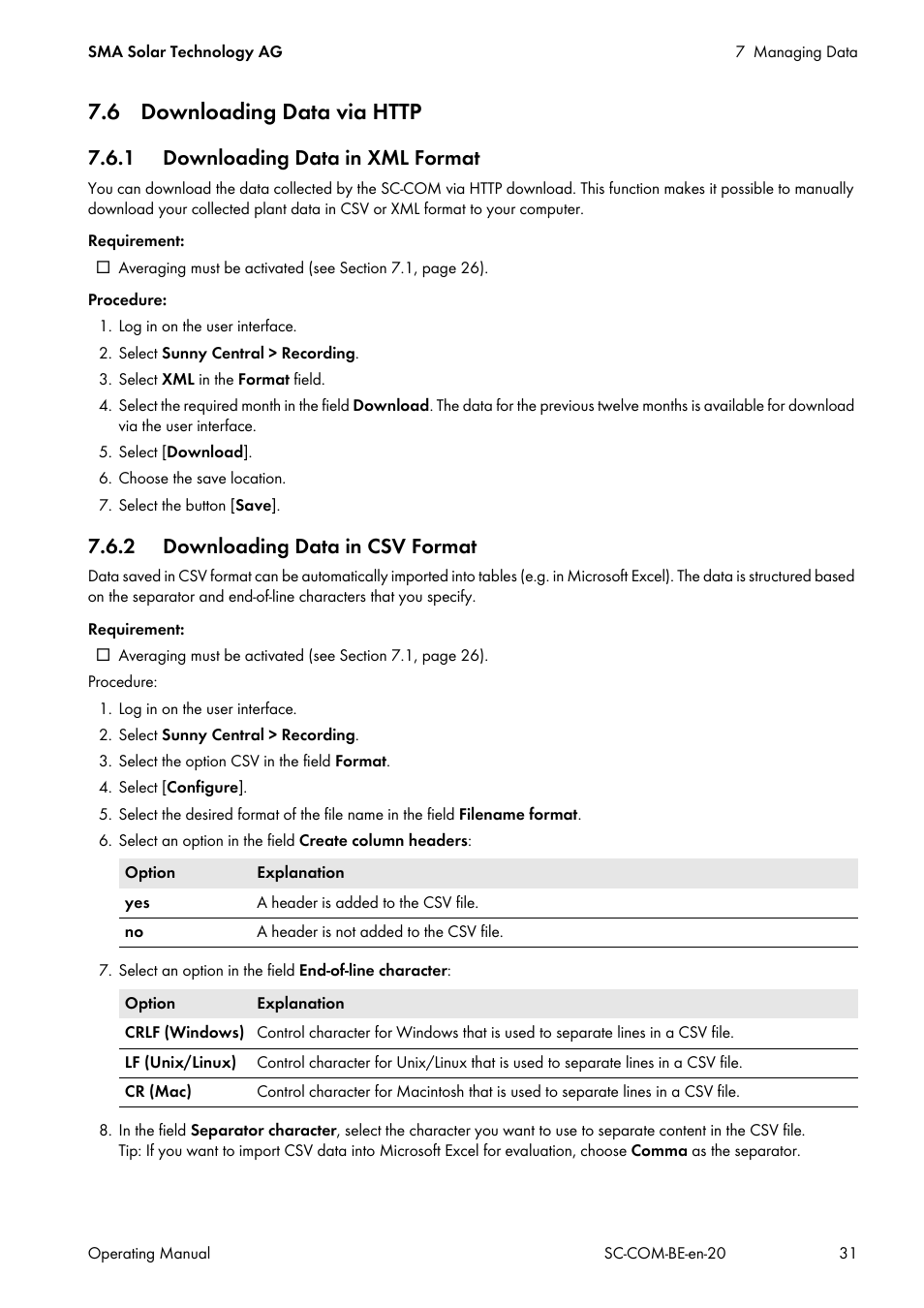 6 downloading data via http, 1 downloading data in xml format, 2 downloading data in csv format | SMA SC-COM User Manual | Page 31 / 48