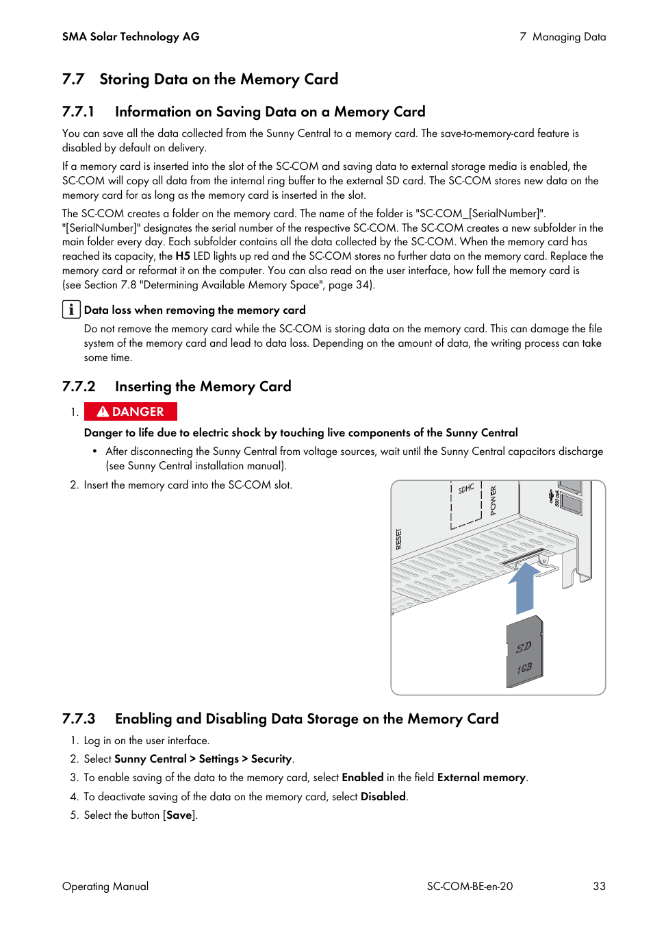 7 storing data on the memory card, 1 information on saving data on a memory card, 2 inserting the memory card | SMA SC-COM User Manual | Page 33 / 48