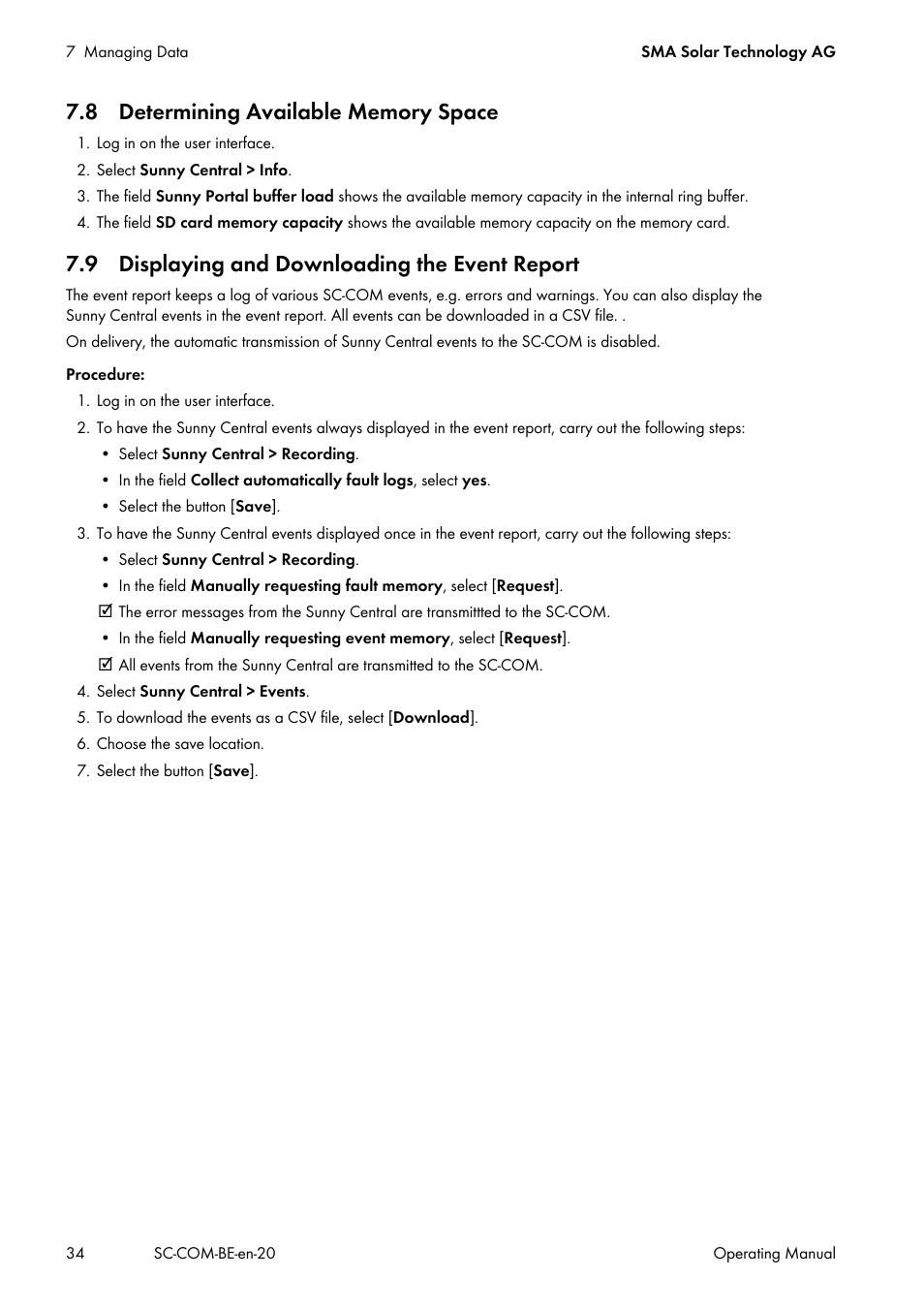 8 determining available memory space, 9 displaying and downloading the event report | SMA SC-COM User Manual | Page 34 / 48