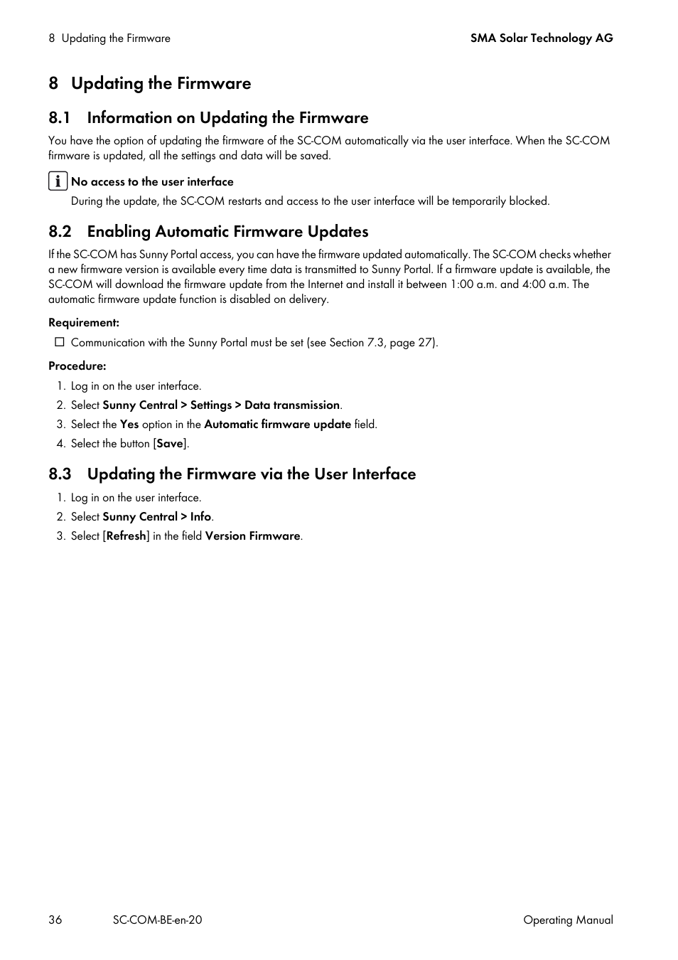 8 updating the firmware, 1 information on updating the firmware, 2 enabling automatic firmware updates | 3 updating the firmware via the user interface | SMA SC-COM User Manual | Page 36 / 48