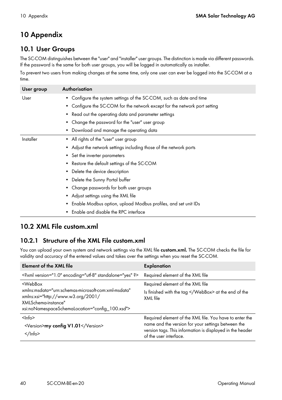 10 appendix, 1 user groups, 2 xml file custom.xml | 1 structure of the xml file custom.xml, 1 user groups 10.2 xml file custom.xml | SMA SC-COM User Manual | Page 40 / 48