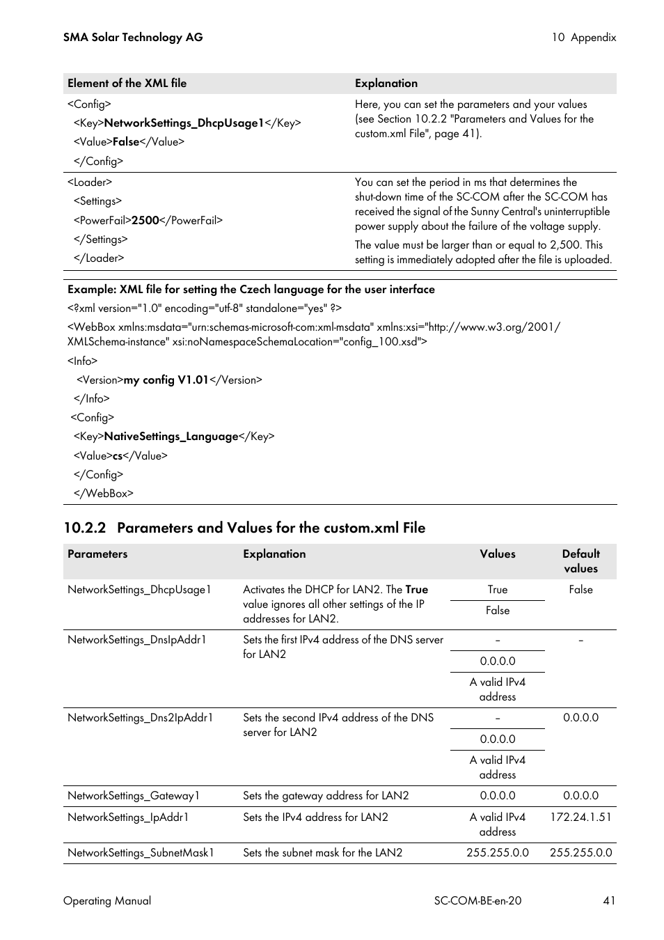 2 parameters and values for the custom.xml file | SMA SC-COM User Manual | Page 41 / 48