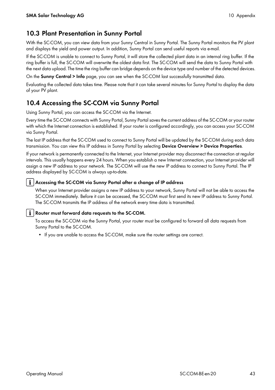 3 plant presentation in sunny portal, 4 accessing the sc-com via sunny portal | SMA SC-COM User Manual | Page 43 / 48