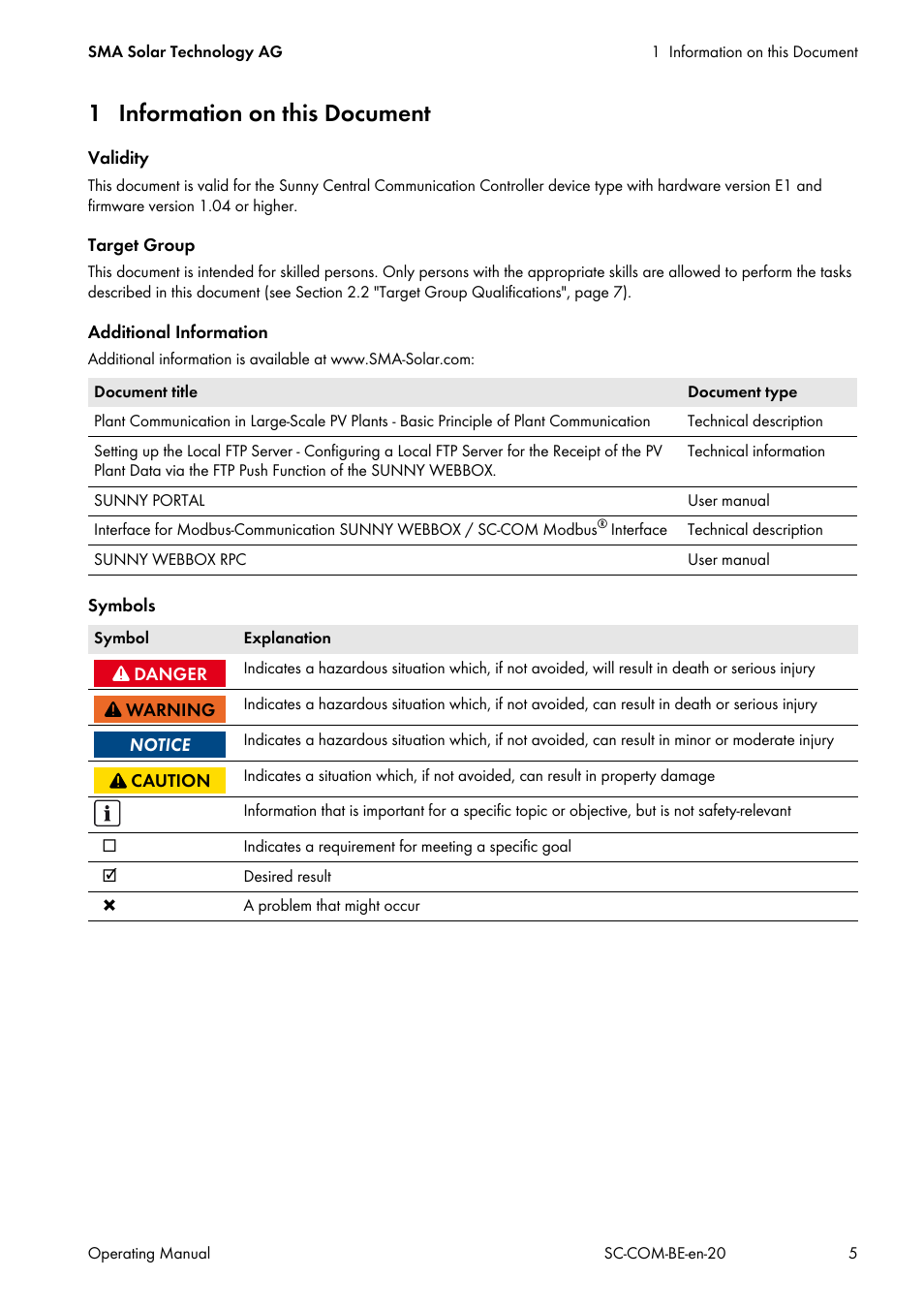 1 information on this document | SMA SC-COM User Manual | Page 5 / 48