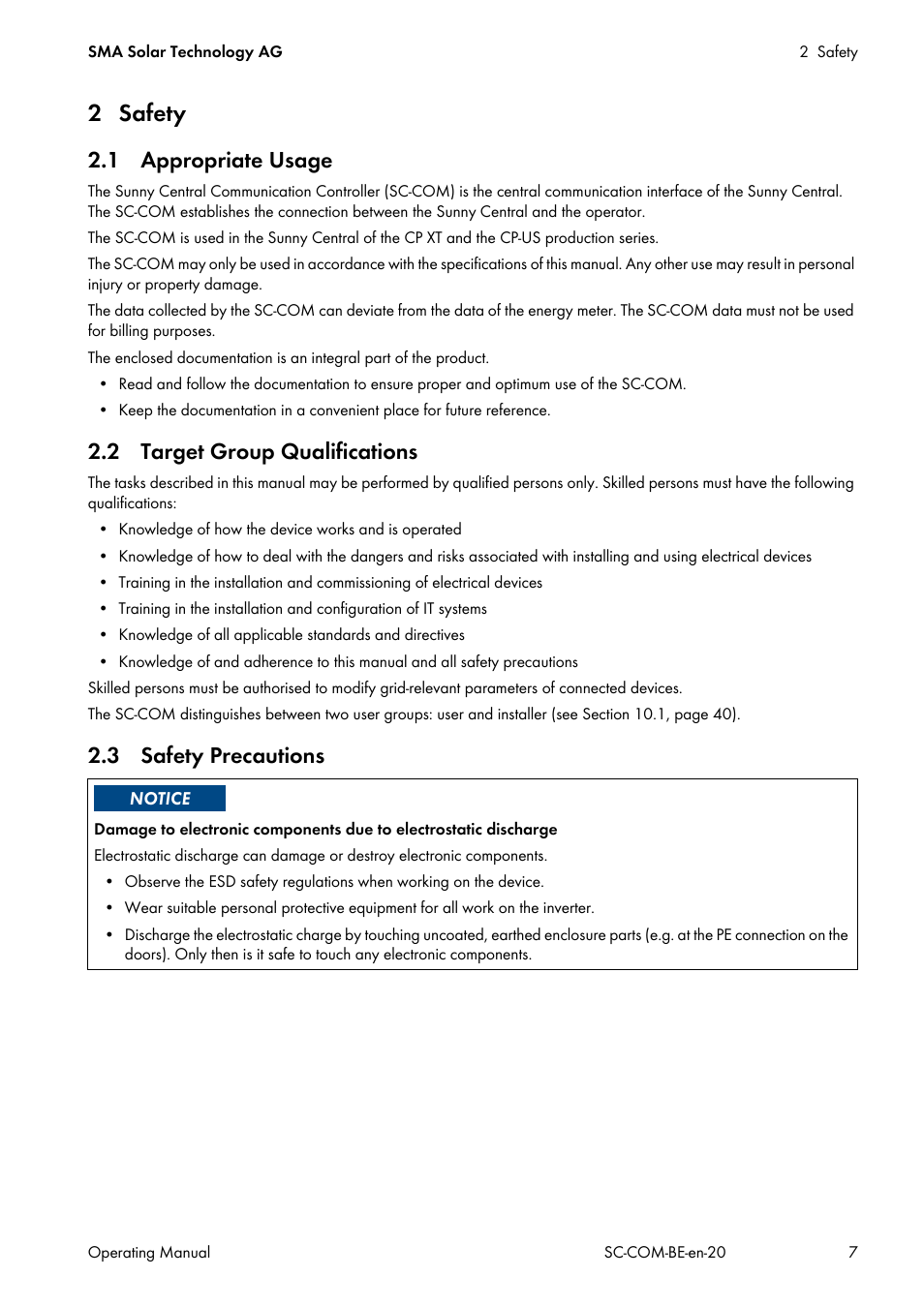 2 safety, 1 appropriate usage, 2 target group qualifications | 3 safety precautions | SMA SC-COM User Manual | Page 7 / 48
