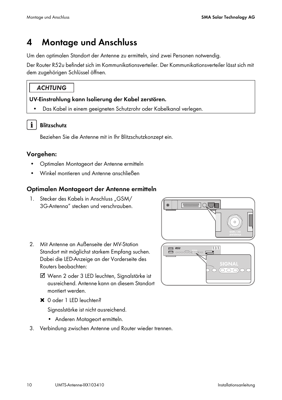 4 montage und anschluss, Montage und anschluss | SMA GSM-UMTS-OUTAN User Manual | Page 10 / 40