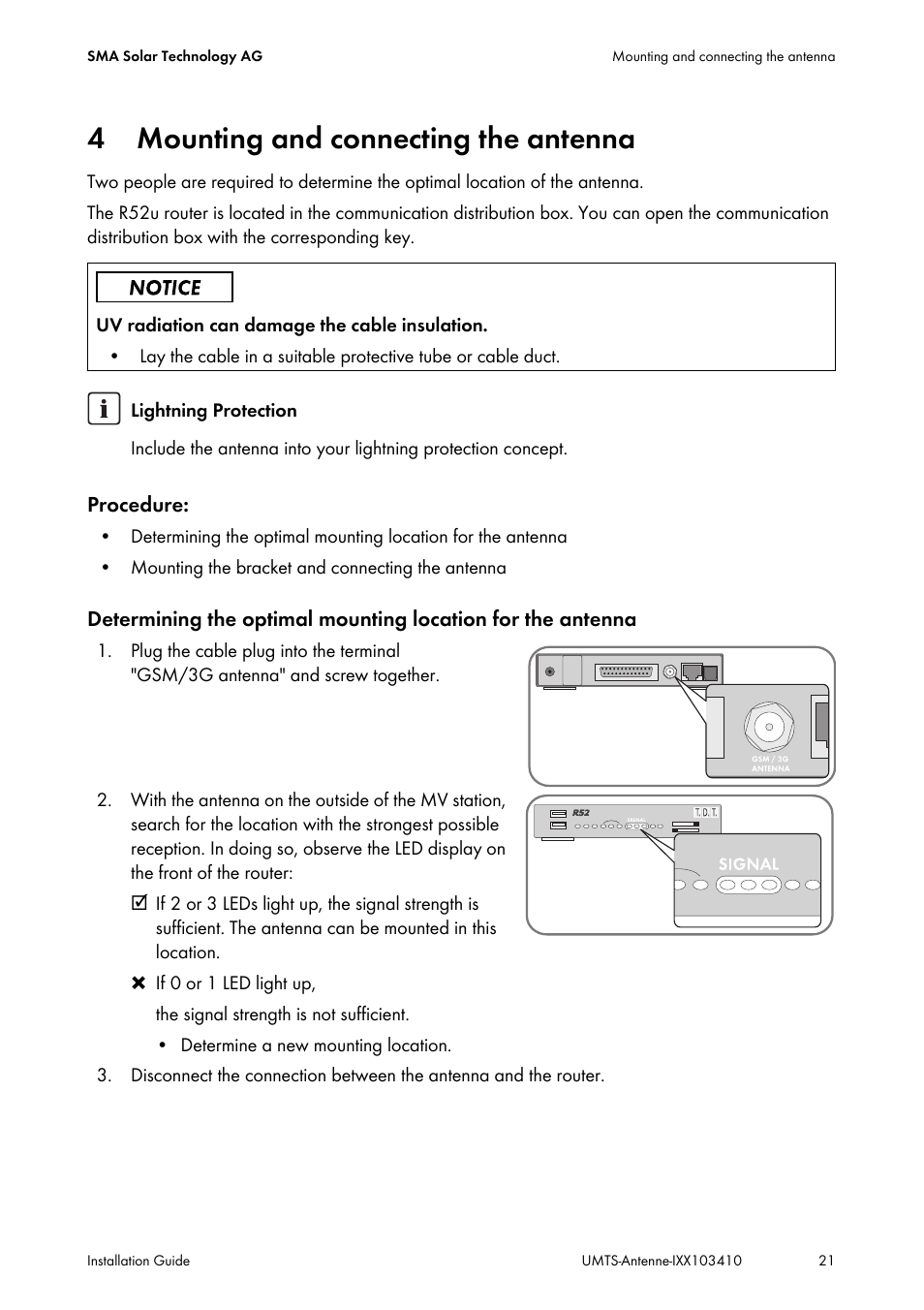 4 mounting and connecting the antenna, Mounting and connecting the antenna | SMA GSM-UMTS-OUTAN User Manual | Page 21 / 40