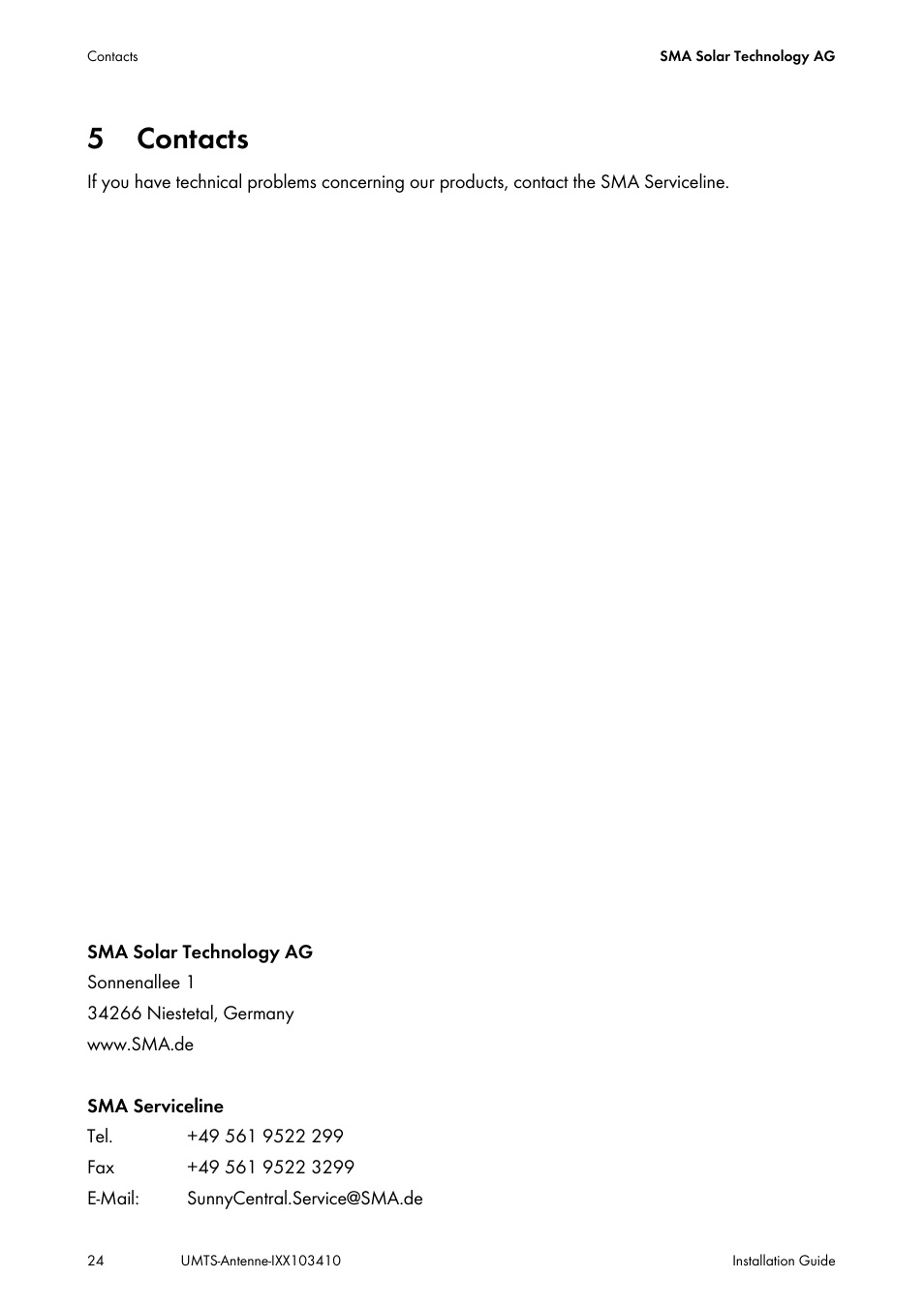 5 contacts, Contacts | SMA GSM-UMTS-OUTAN User Manual | Page 24 / 40