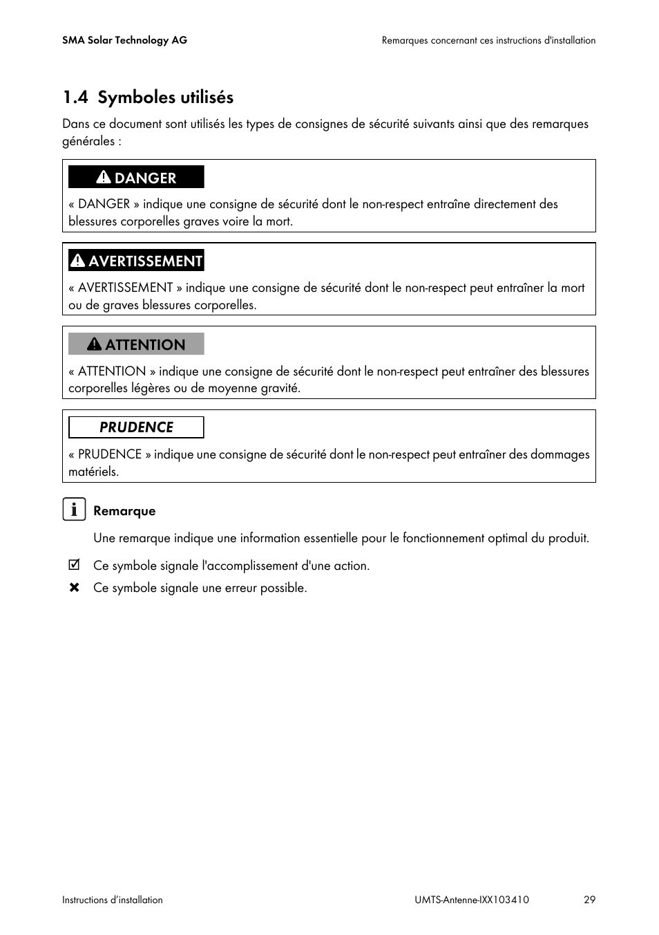 4 symboles utilisés, Symboles utilisés | SMA GSM-UMTS-OUTAN User Manual | Page 29 / 40