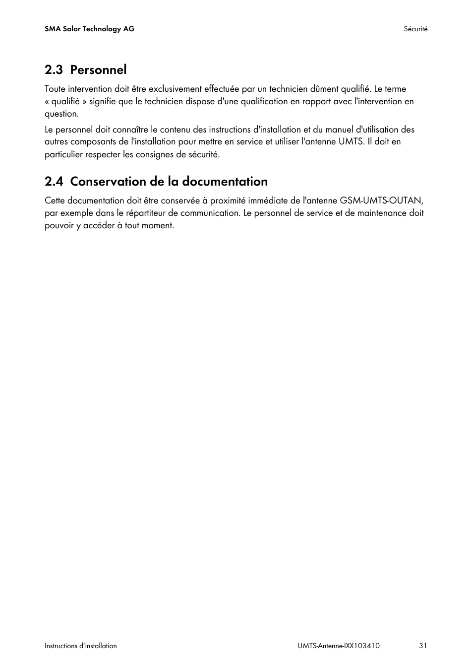 3 personnel, 4 conservation de la documentation, Personnel | Conservation de la documentation | SMA GSM-UMTS-OUTAN User Manual | Page 31 / 40