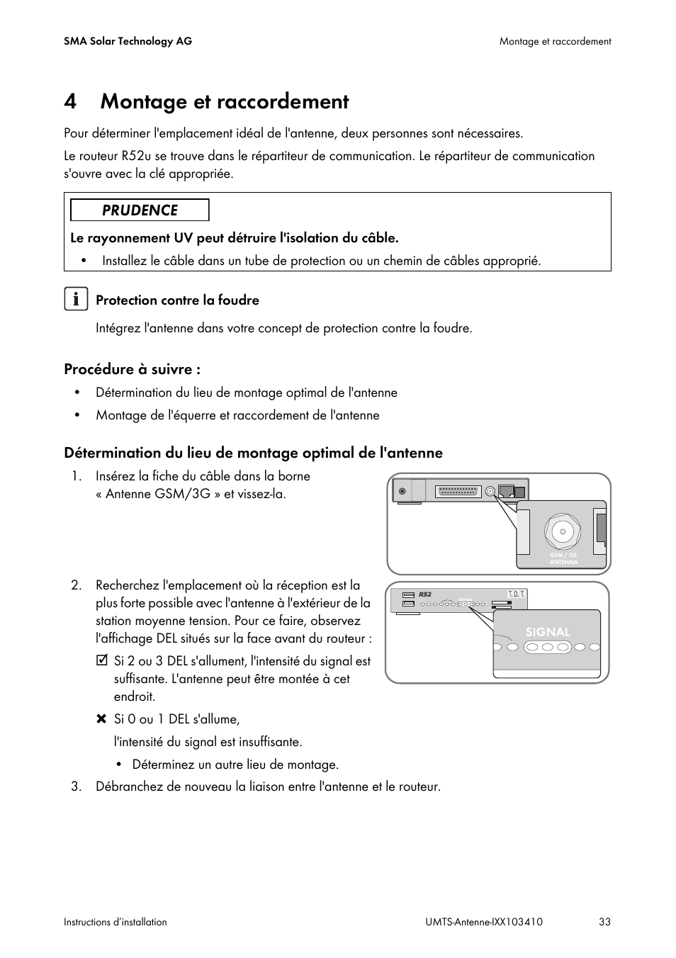 4 montage et raccordement, Montage et raccordement | SMA GSM-UMTS-OUTAN User Manual | Page 33 / 40