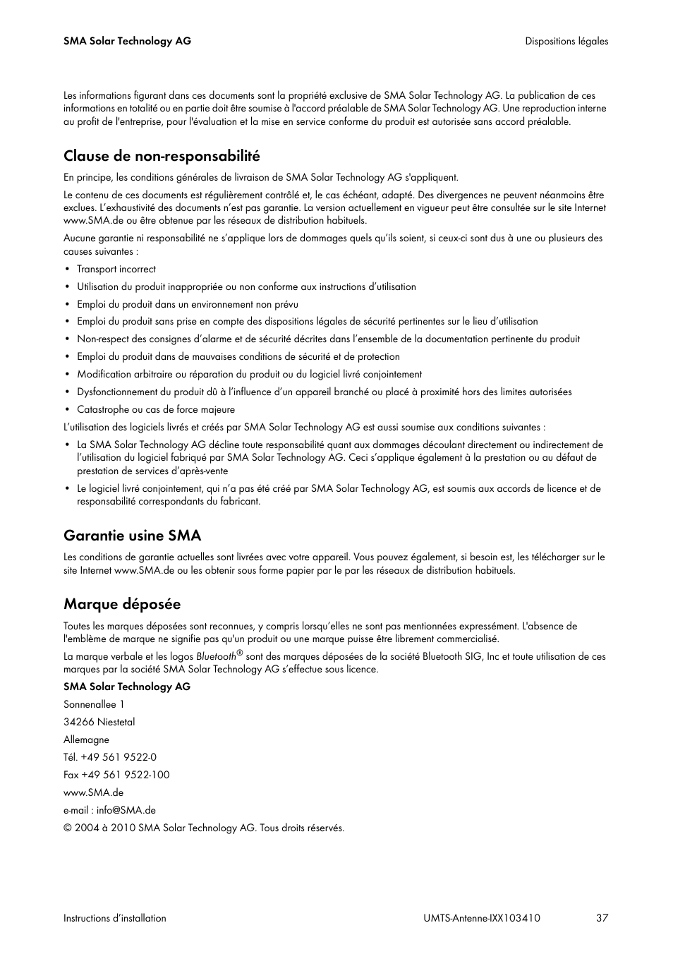Clause de non-responsabilité, Garantie usine sma, Marque déposée | SMA GSM-UMTS-OUTAN User Manual | Page 37 / 40