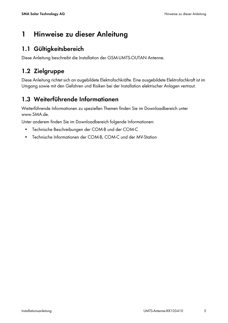 1 hinweise zu dieser anleitung, 1 gültigkeitsbereich, 2 zielgruppe | 3 weiterführende informationen, Hinweise zu dieser anleitung, Gültigkeitsbereich, Zielgruppe, Weiterführende informationen | SMA GSM-UMTS-OUTAN User Manual | Page 5 / 40