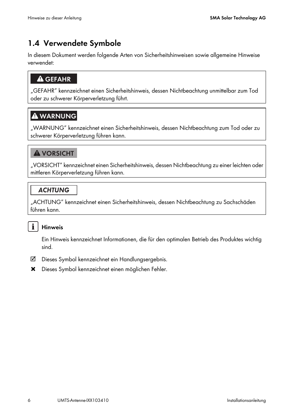 4 verwendete symbole, Verwendete symbole | SMA GSM-UMTS-OUTAN User Manual | Page 6 / 40