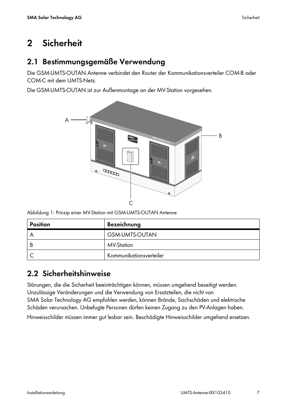 2 sicherheit, 1 bestimmungsgemäße verwendung, 2 sicherheitshinweise | Sicherheit, Bestimmungsgemäße verwendung, Sicherheitshinweise | SMA GSM-UMTS-OUTAN User Manual | Page 7 / 40