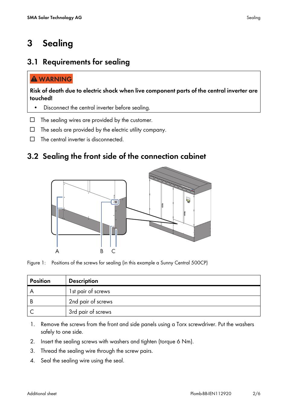 3 sealing, 1 requirements for sealing, 2 sealing the front side of the connection cabinet | SMA SC CP User Manual | Page 2 / 6