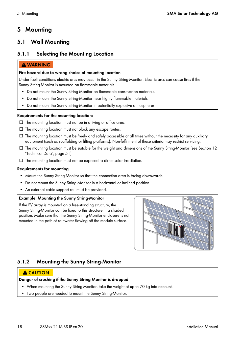 5 mounting, 1 wall mounting, 1 selecting the mounting location | 2 mounting the sunny string-monitor | SMA SSM8-21-BS User Manual | Page 18 / 60