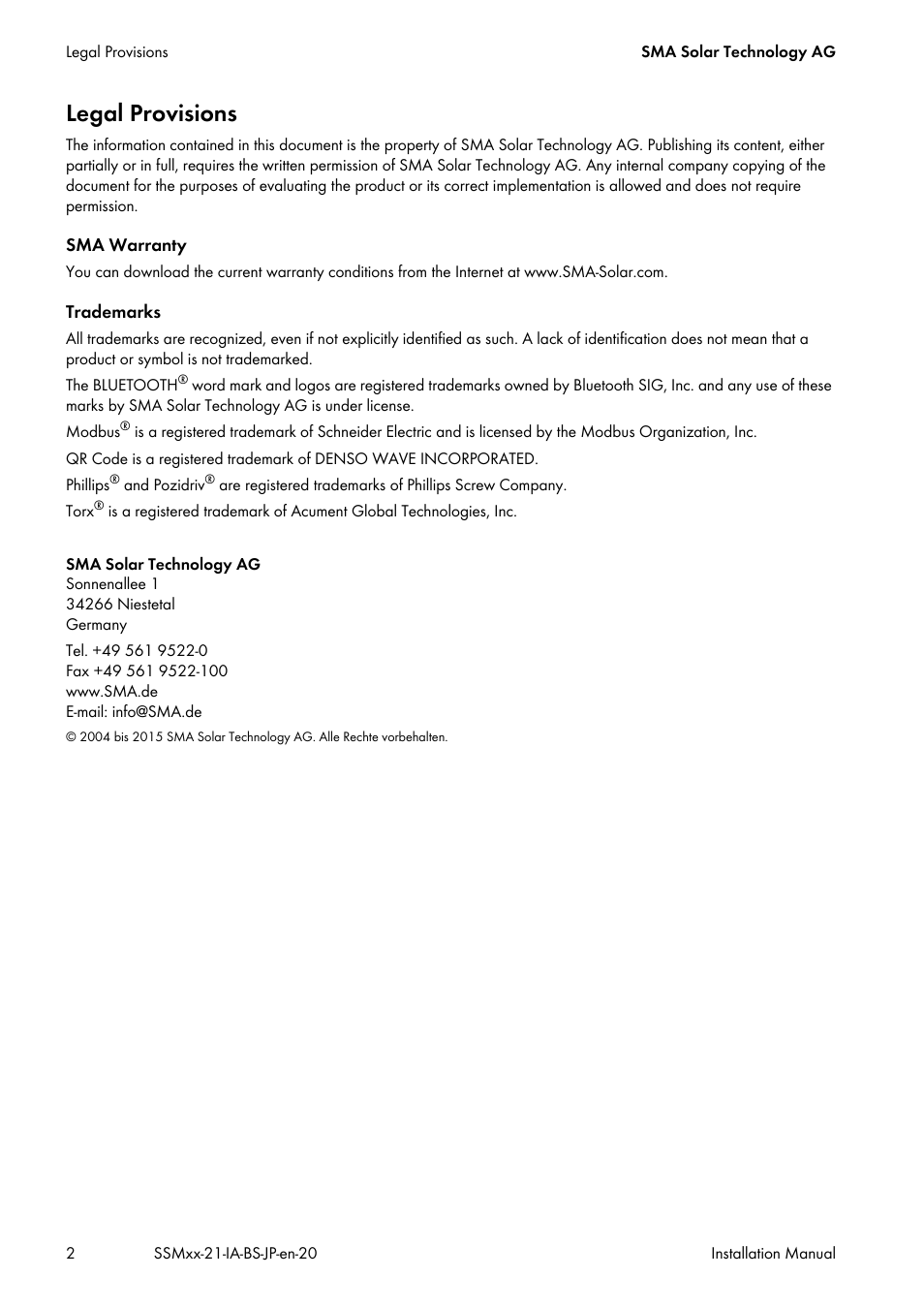 Legal provisions | SMA SSM8-21-BS User Manual | Page 2 / 60