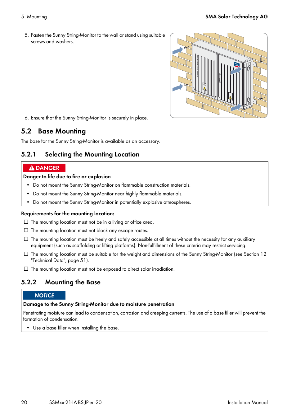 2 base mounting, 1 selecting the mounting location, 2 mounting the base | SMA SSM8-21-BS User Manual | Page 20 / 60