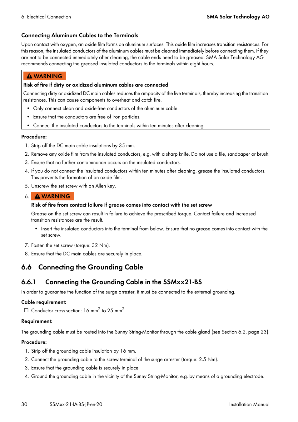 6 connecting the grounding cable, 1 connecting the grounding cable in the ssmxx21-bs | SMA SSM8-21-BS User Manual | Page 30 / 60