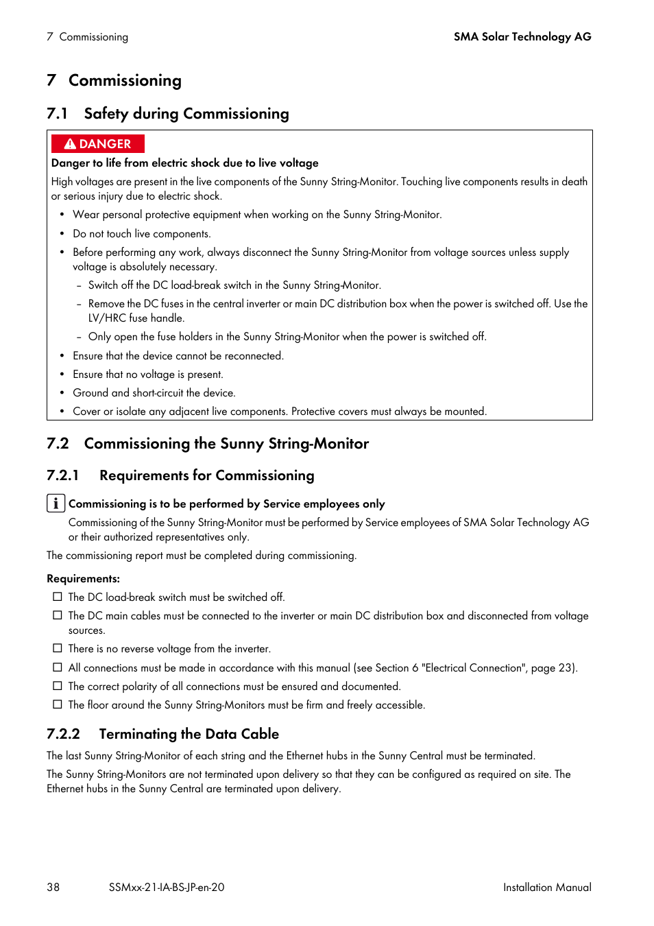 7 commissioning, 1 safety during commissioning, 2 commissioning the sunny string-monitor | 1 requirements for commissioning, 2 terminating the data cable | SMA SSM8-21-BS User Manual | Page 38 / 60