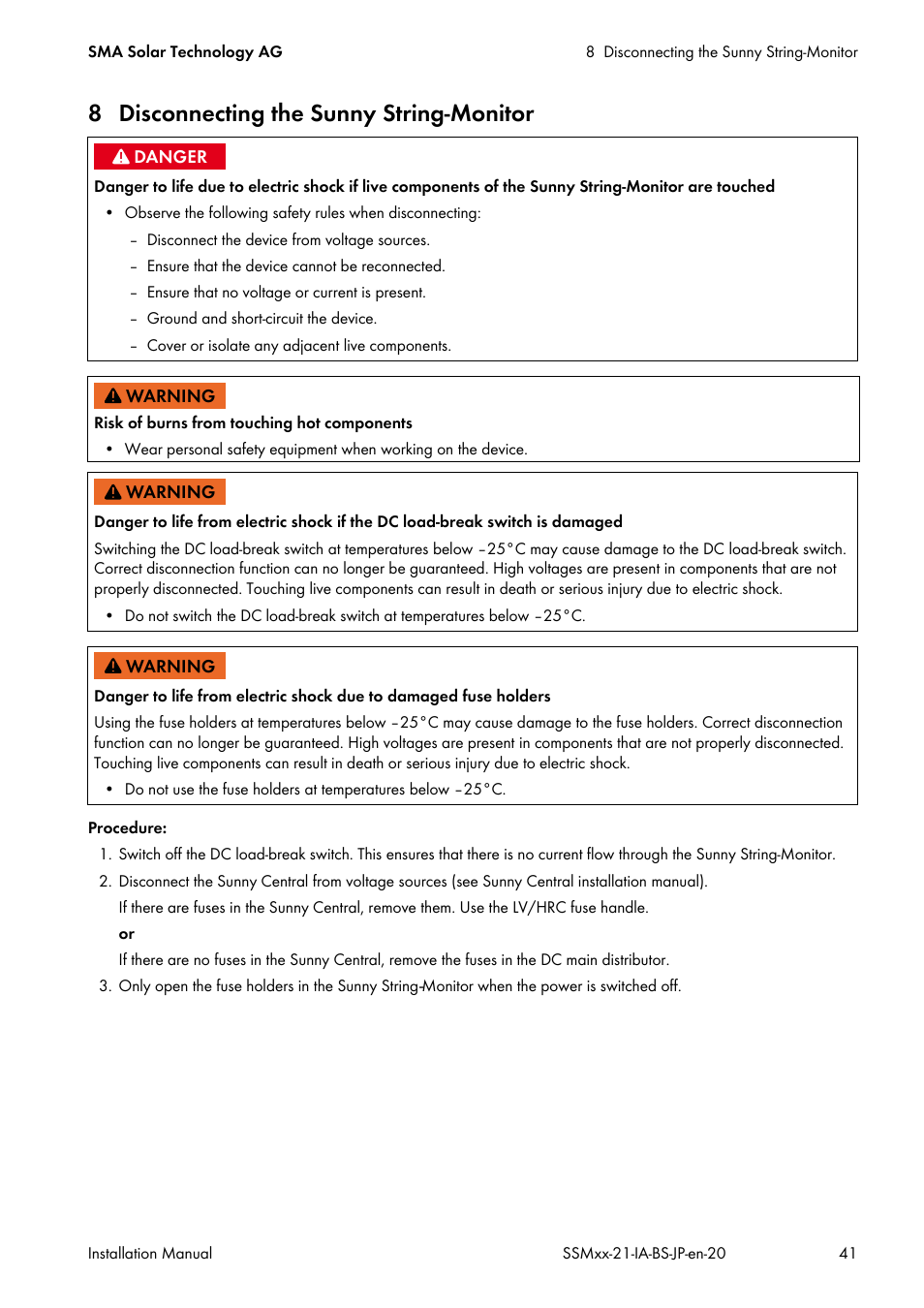 8 disconnecting the sunny string-monitor | SMA SSM8-21-BS User Manual | Page 41 / 60
