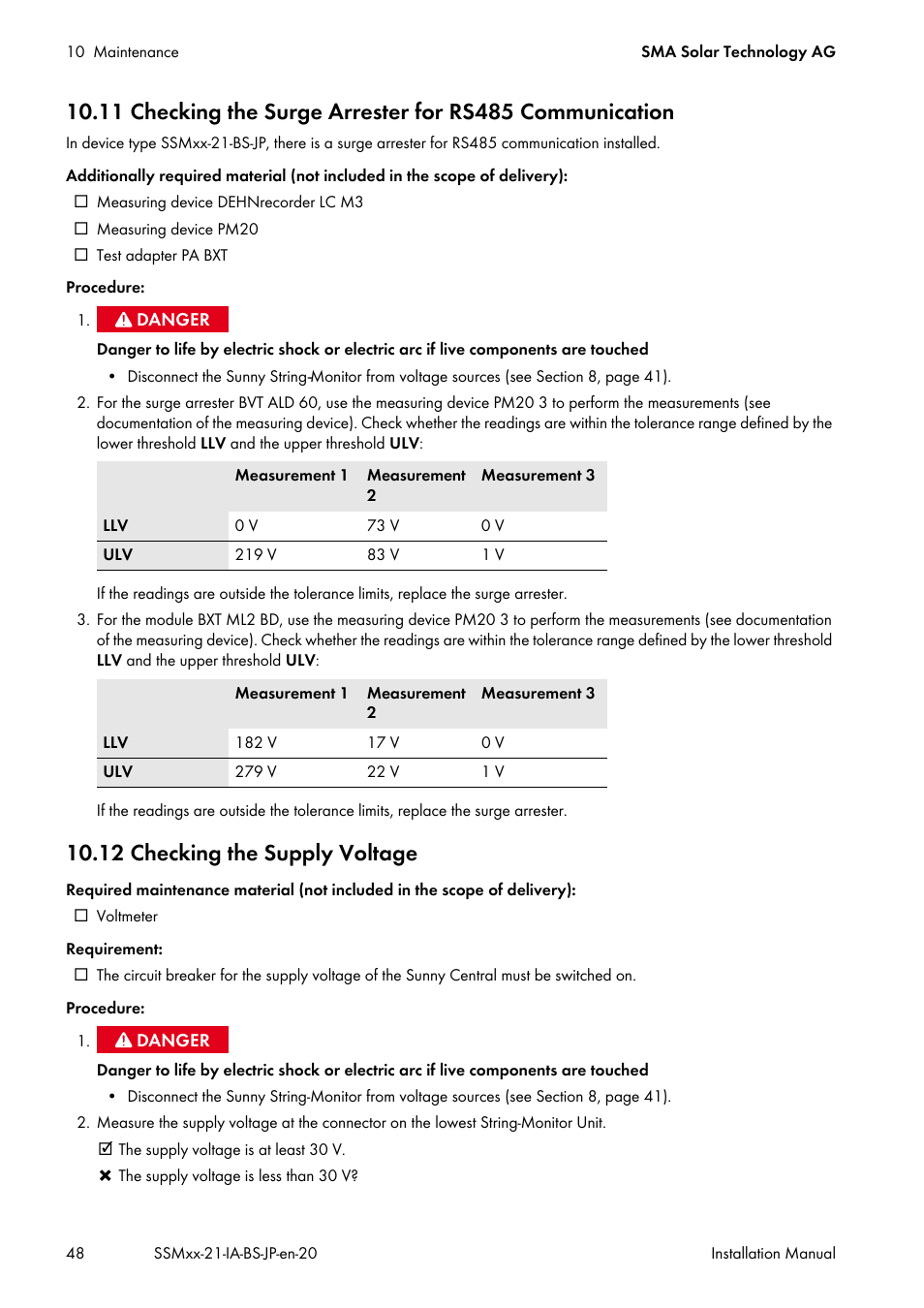 12 checking the supply voltage | SMA SSM8-21-BS User Manual | Page 48 / 60