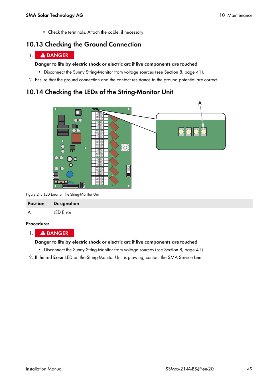 13 checking the ground connection, 14 checking the leds of the string-monitor unit | SMA SSM8-21-BS User Manual | Page 49 / 60