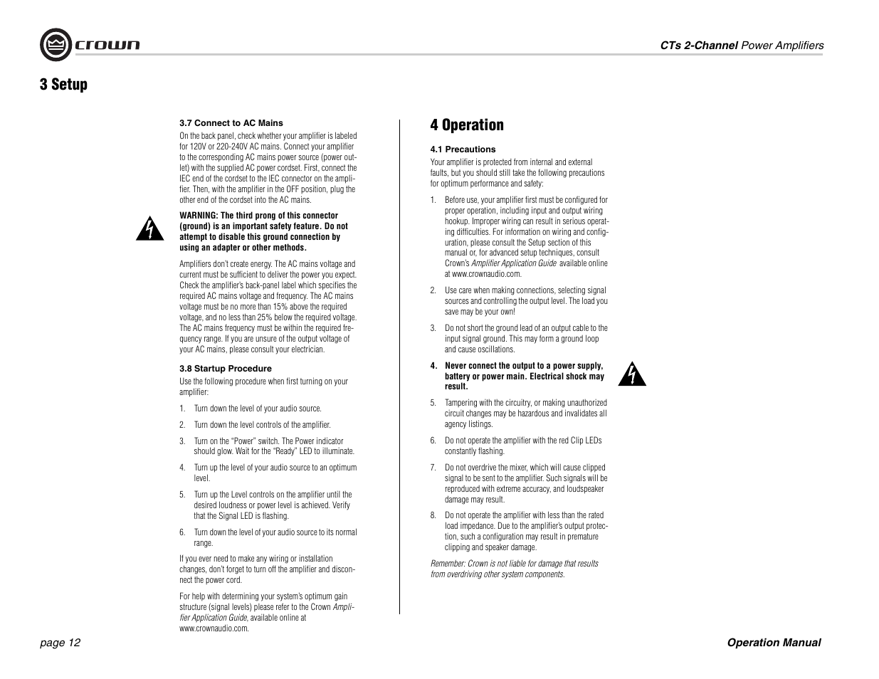 4 operation, 3 setup | Crown Audio CTs 600 User Manual | Page 12 / 32