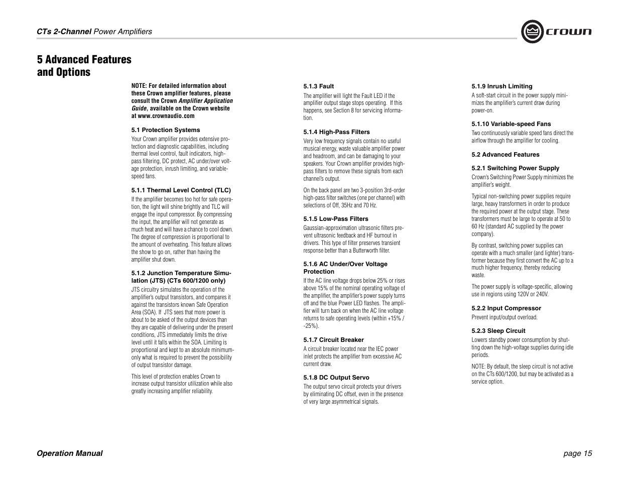 5 advanced features and options | Crown Audio CTs 600 User Manual | Page 15 / 32