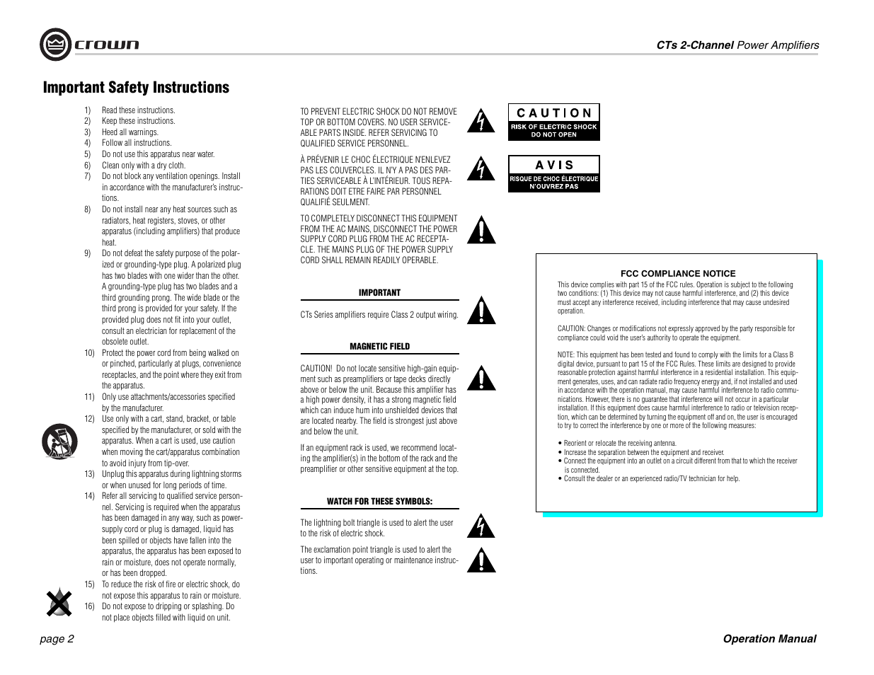 Important safety instructions | Crown Audio CTs 600 User Manual | Page 2 / 32