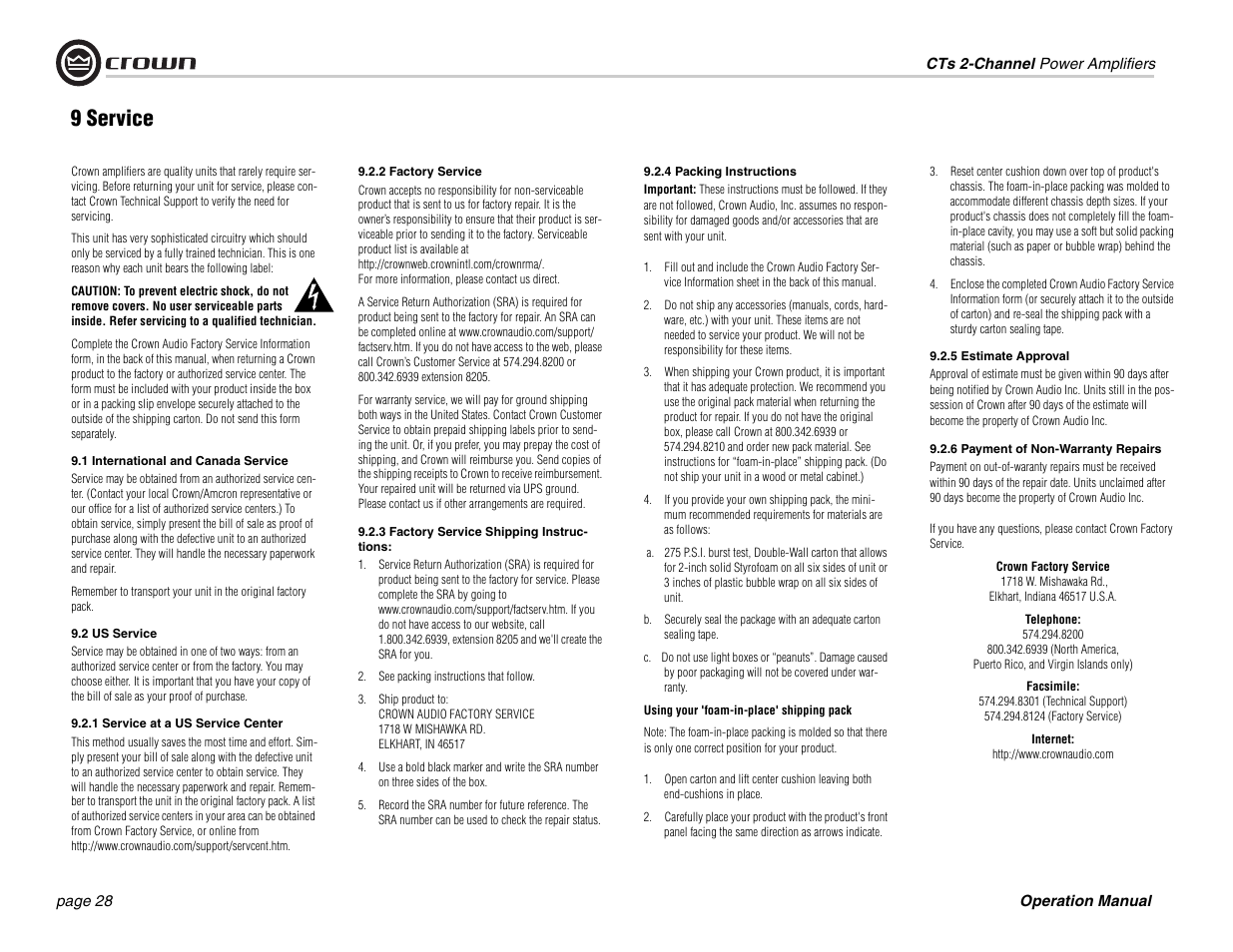 9 service | Crown Audio CTs 600 User Manual | Page 28 / 32