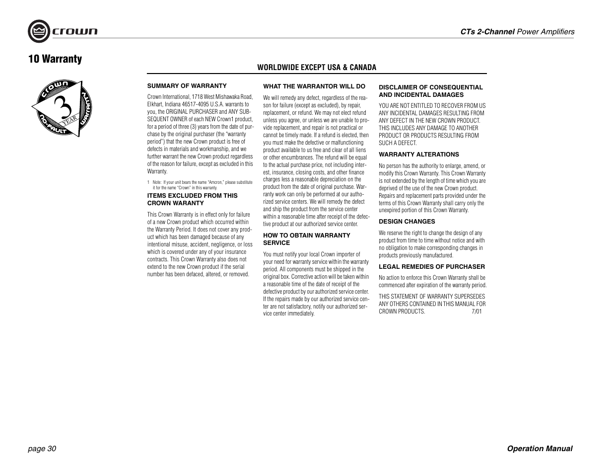 10 warranty | Crown Audio CTs 600 User Manual | Page 30 / 32