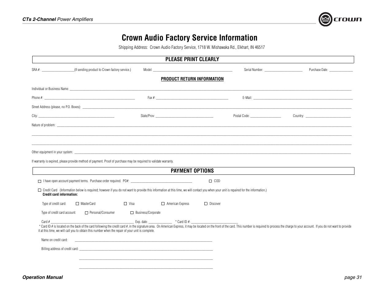 Crown audio factory service information | Crown Audio CTs 600 User Manual | Page 31 / 32