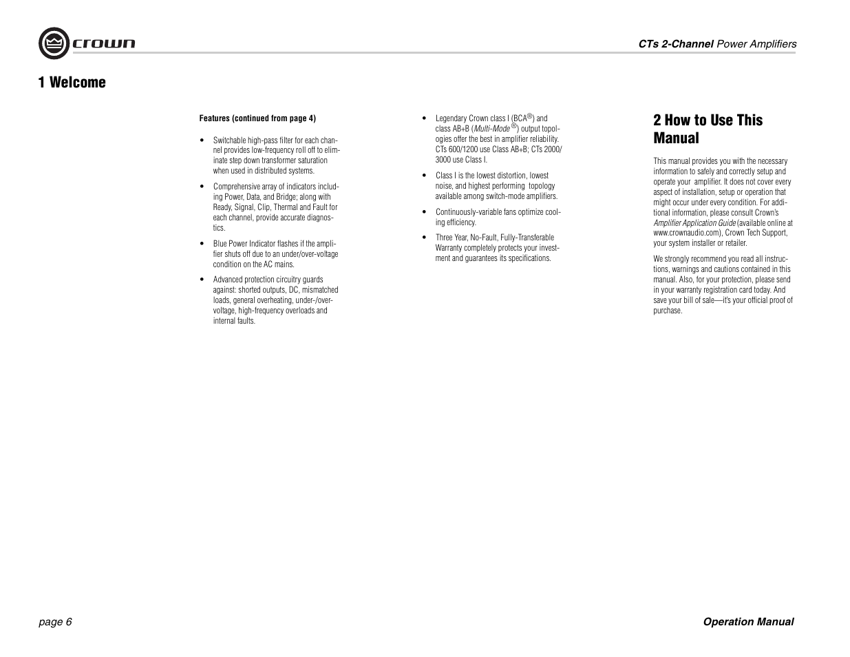 2 how to use this manual, 1 welcome | Crown Audio CTs 600 User Manual | Page 6 / 32