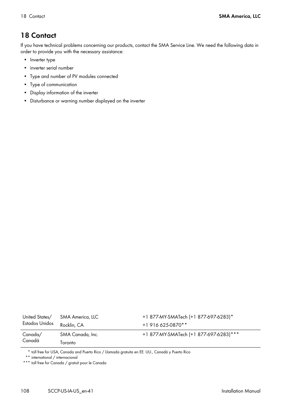 18 contact | SMA SC 500CP-US User Manual | Page 108 / 112