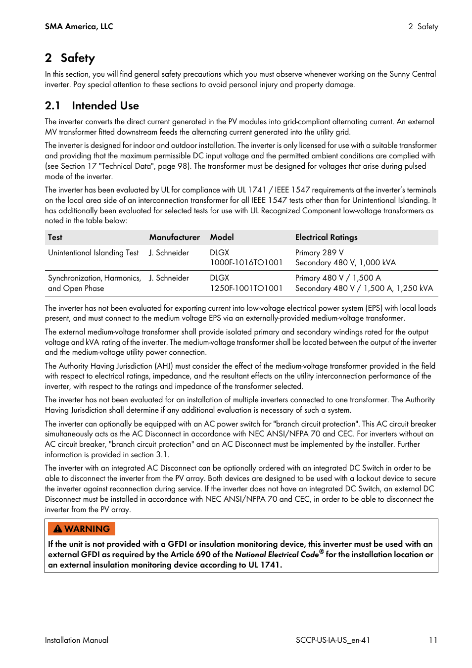 2 safety, 1 intended use | SMA SC 500CP-US User Manual | Page 11 / 112