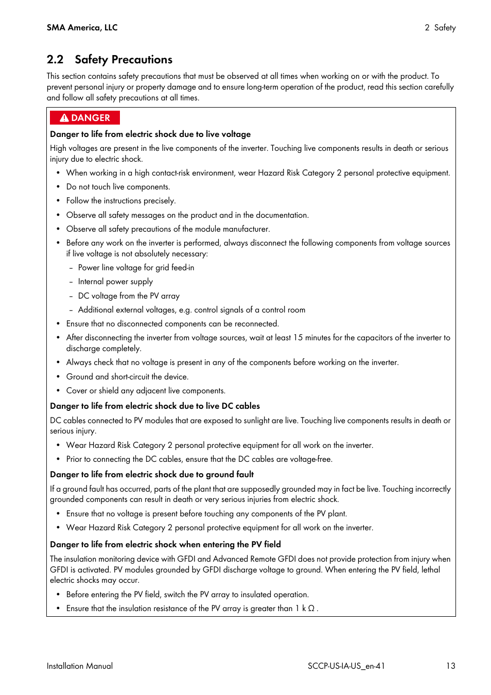 2 safety precautions | SMA SC 500CP-US User Manual | Page 13 / 112