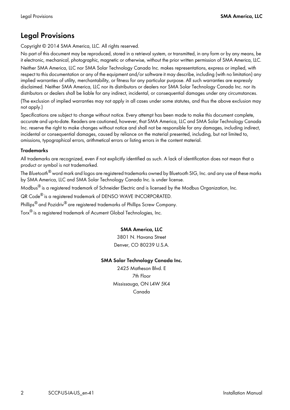 Legal provisions | SMA SC 500CP-US User Manual | Page 2 / 112