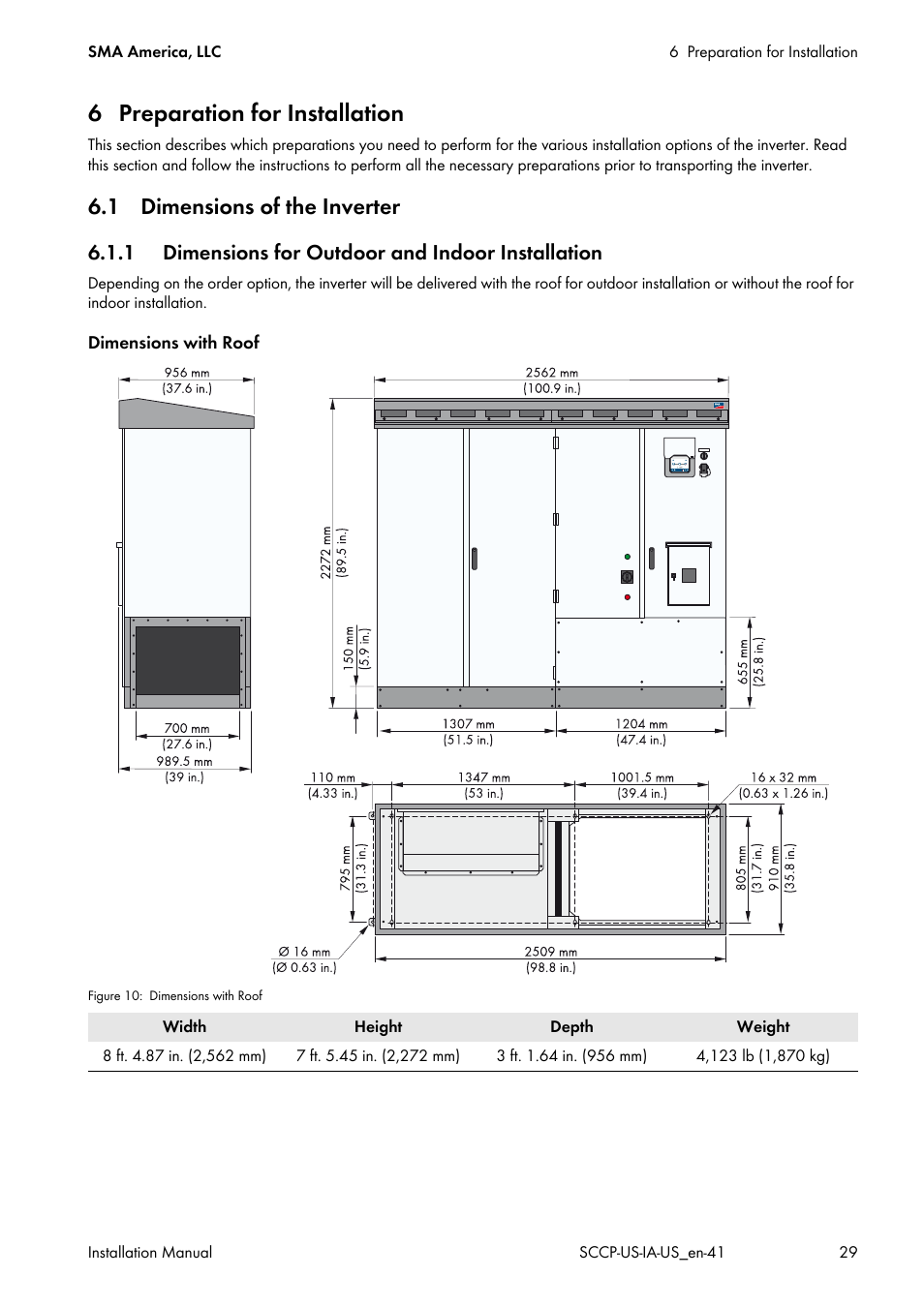 6 preparation for installation, 1 dimensions of the inverter, 1 dimensions for outdoor and indoor installation | SMA SC 500CP-US User Manual | Page 29 / 112